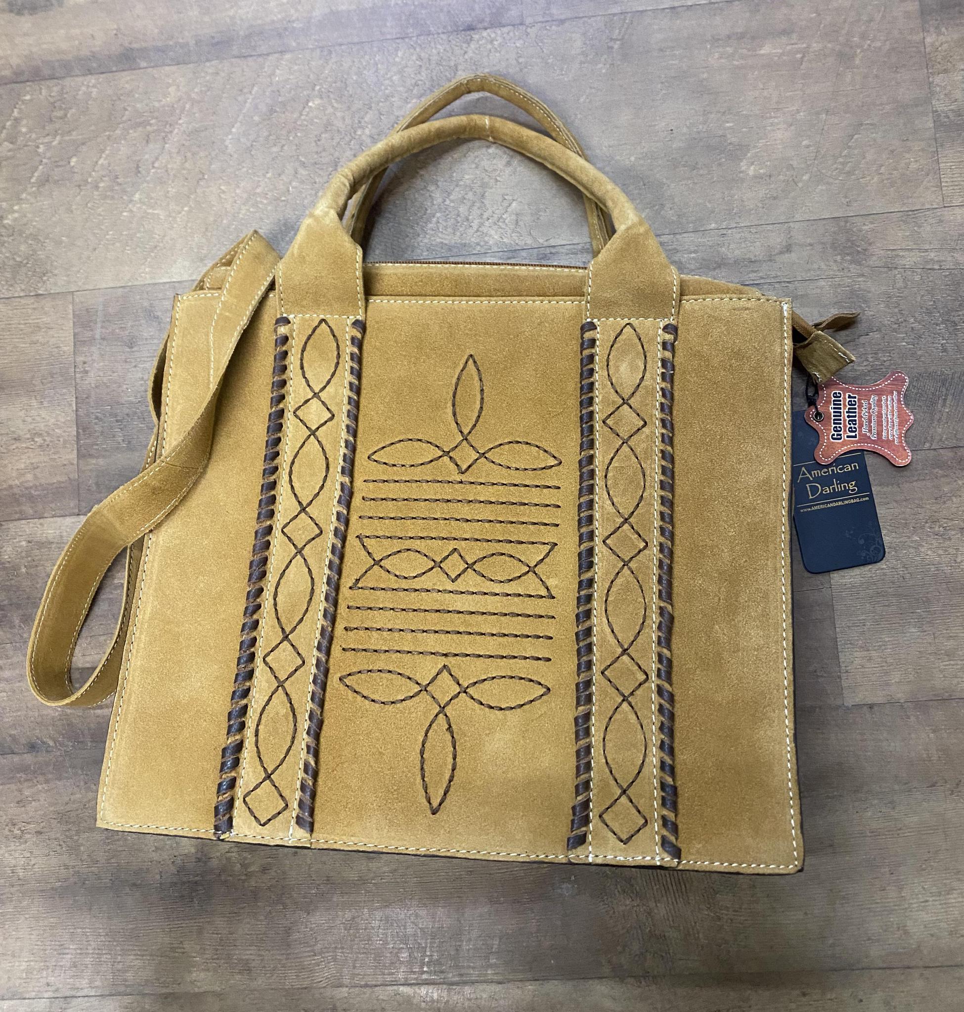 American Darling Women's Tan Rough Out Leather With Boot Stitching Crossbody/Handbag - Image 3