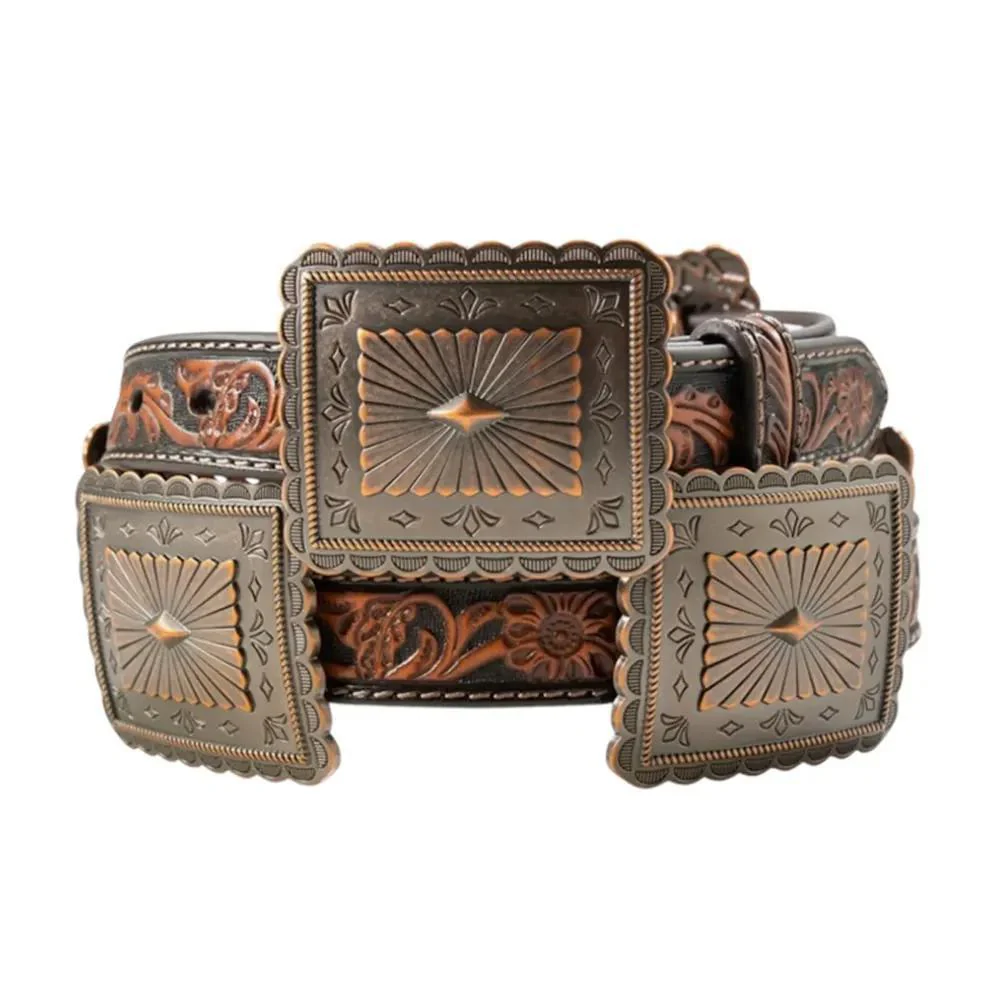 Ariat Women's Floral Embossed Scalloped Concho Leather Belt - Brown