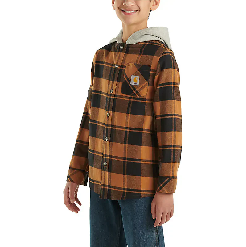 Carhartt Boy's Long-Sleeve Flannel Button-Front Hooded Shirt (Brown) - Image 3