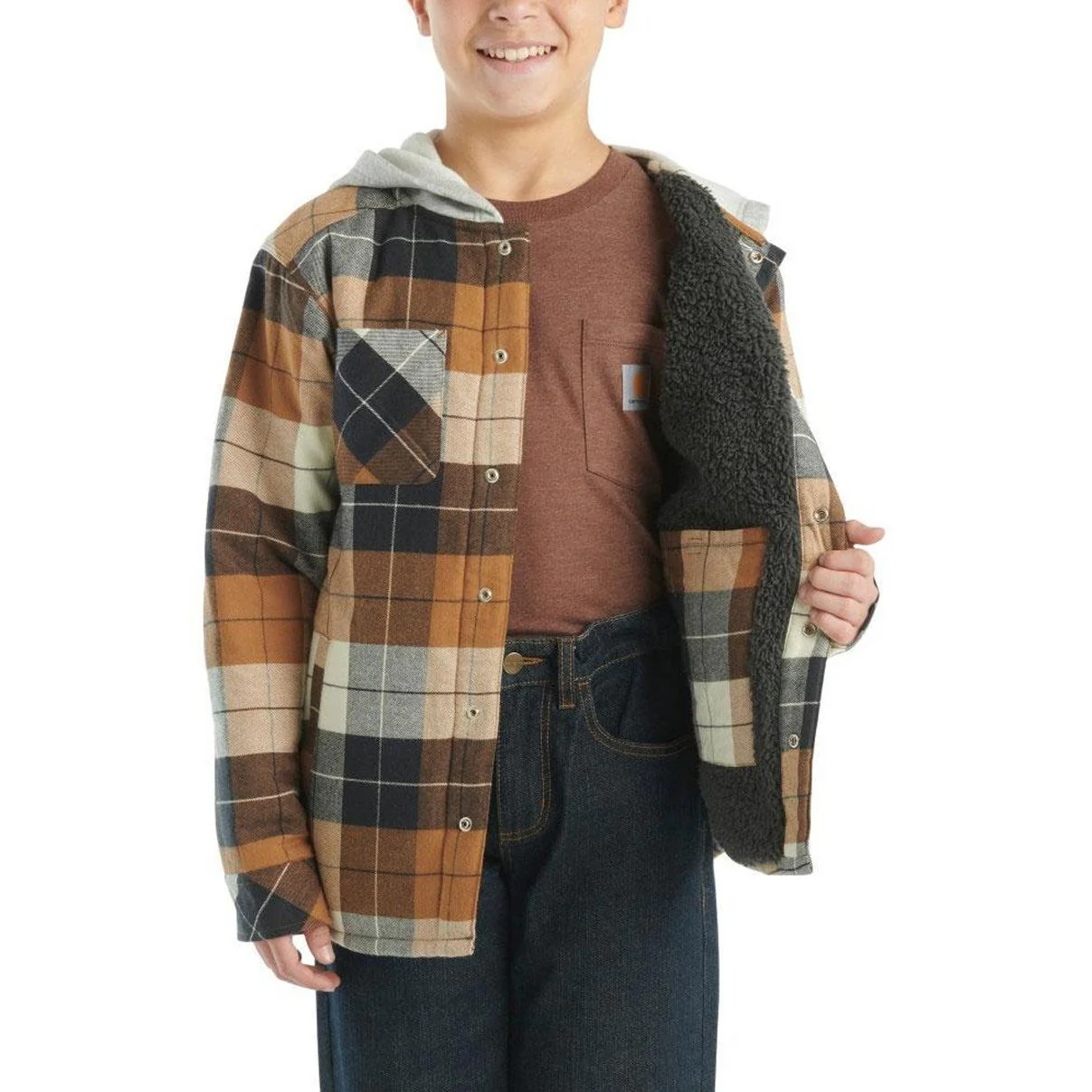 Carhartt Boy's Long Sleeve Flannel Button Down Hooded Shirt Jacket - Image 3