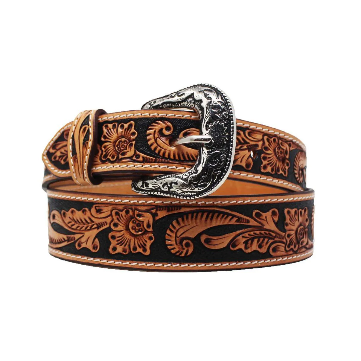 Challenger Belts Kids 1-1/2" Western Floral Tooled Black Inlay Full-Grain Leather Belt