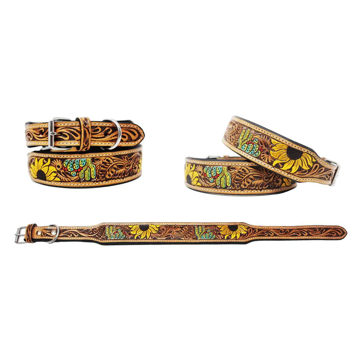 Challenger Dog's 100% Cow leather Amish Padded Leather Hand Crafted Tooled Collar Cactus
