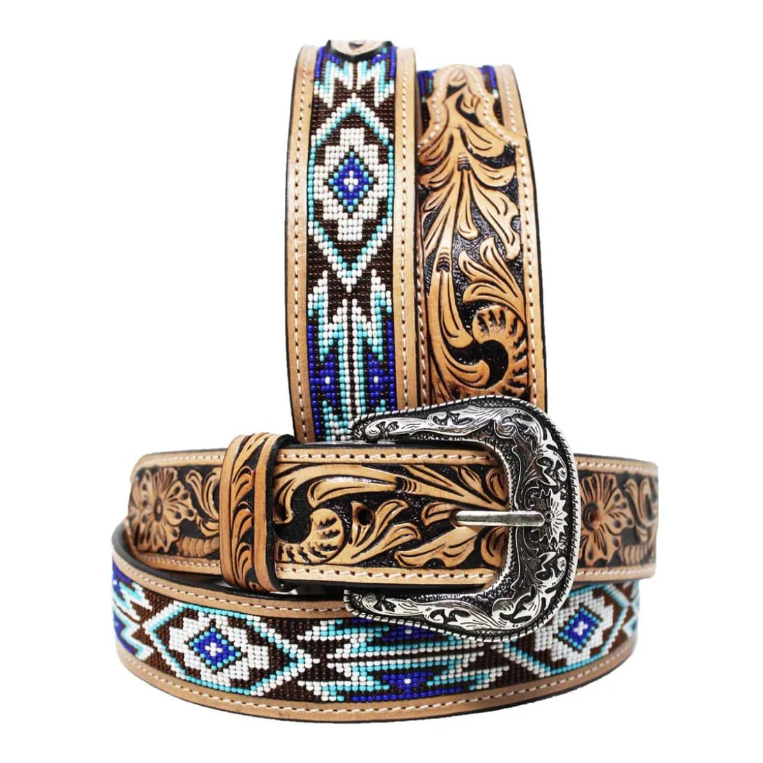 Challenger Men’s Belt Leather Tooled Floral Design Bead Inlay 26FK33