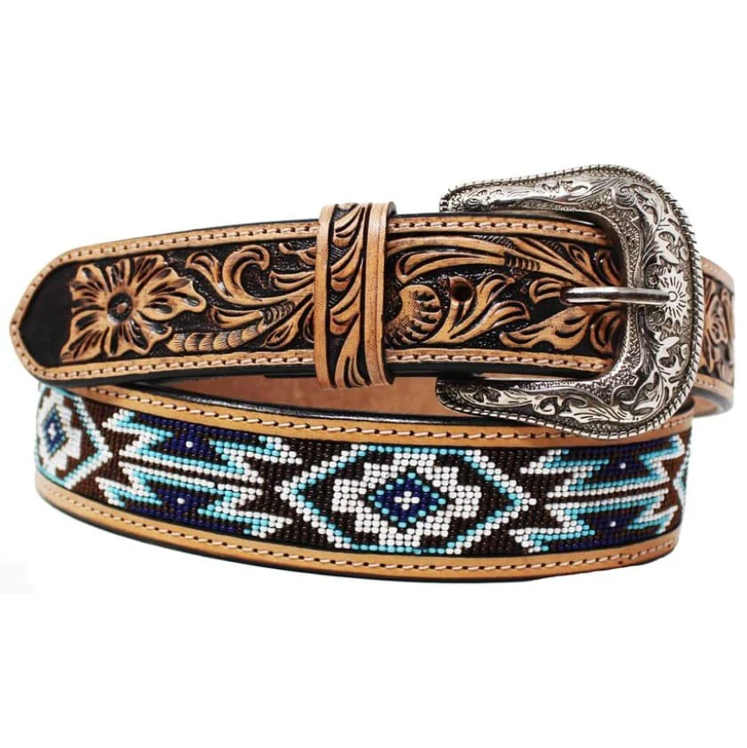 Challenger Men’s Belt Leather Tooled Floral Design Bead Inlay 26FK33 - Image 2