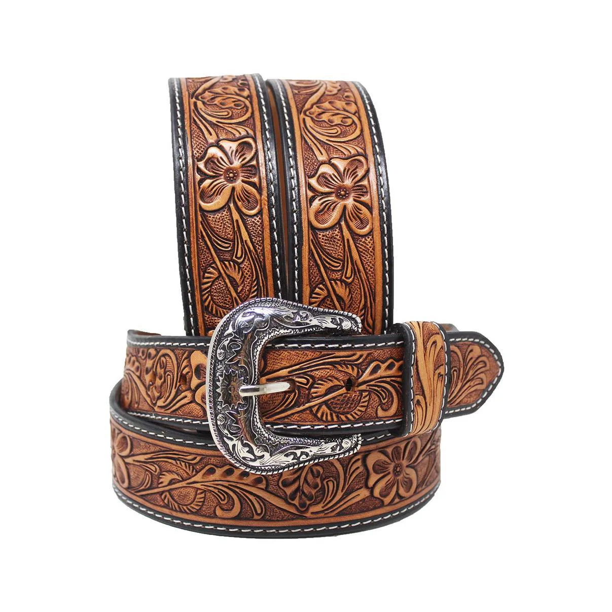 Challenger Unisex Western Tapered Antique Floral Full-Grain Leather Belt
