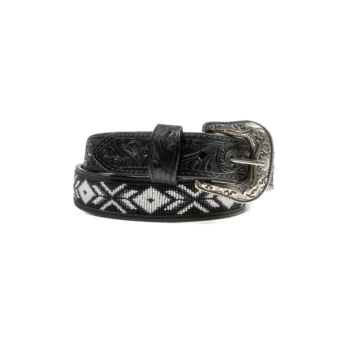 Challenger Western 1-1/2 Tooled Beaded Inlay Leather Belt Black/White