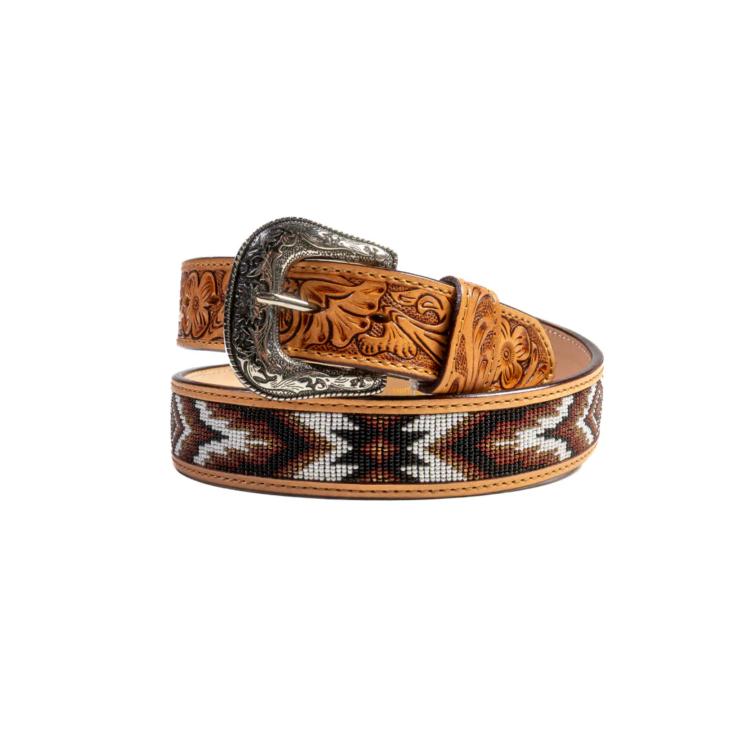 Challenger Western Belt 1-1/2 Tooled Beaded Inlay Leather Belt - Image 7