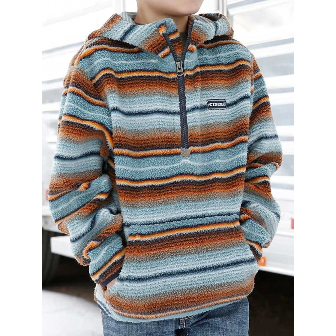 Cinch Boy’s Hoodie Sherpa Fleece 1/2 Zip Blanket Stripe