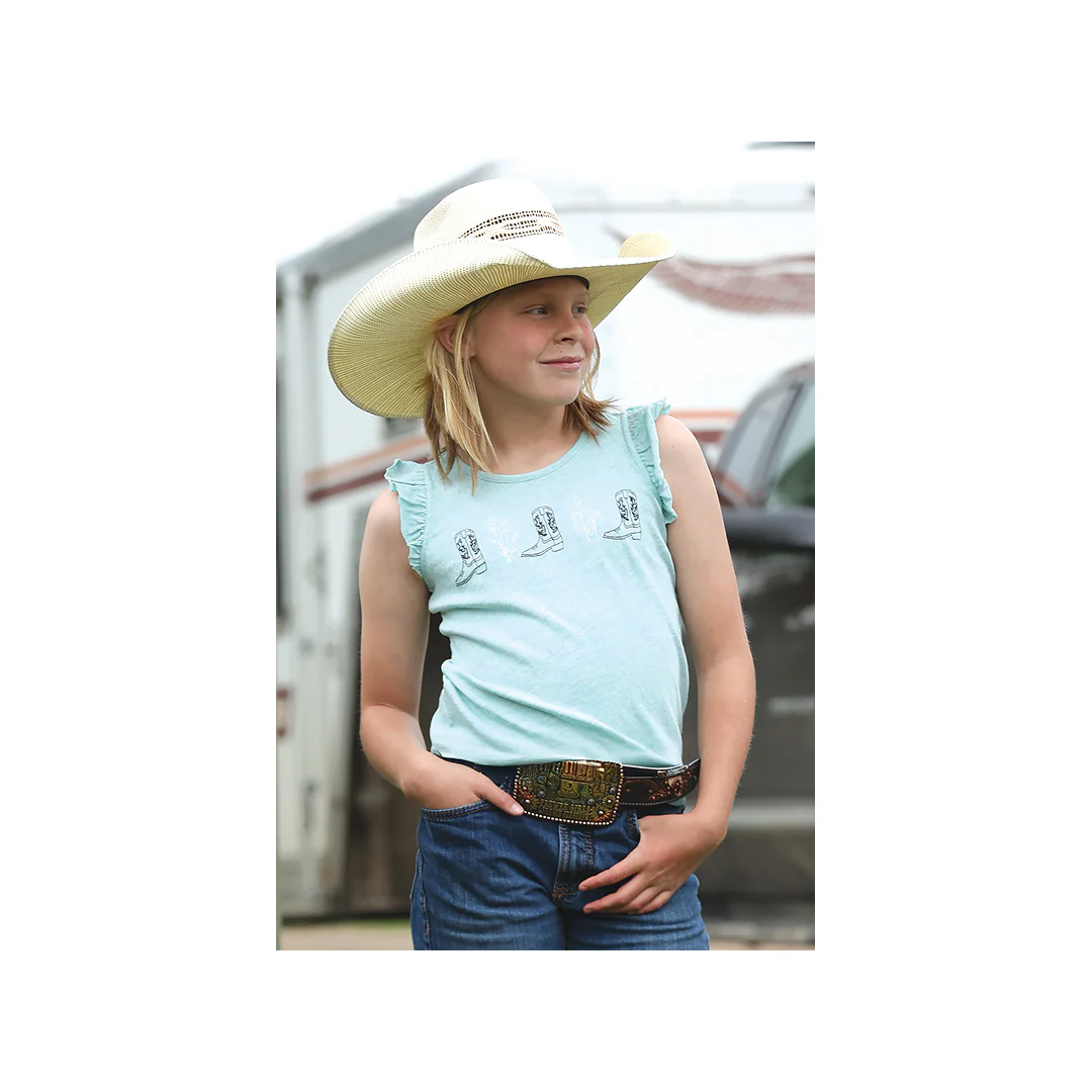 Cinch Girl's Ruffled Sleeve Light Blue Graphic Print Tank Top