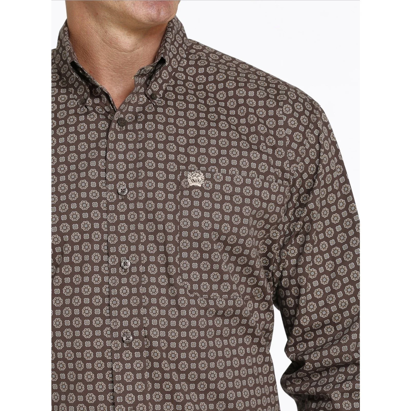 Cinch Men’s Shirt Long Sleeve Stretch Brown Geometric Print - Image 2