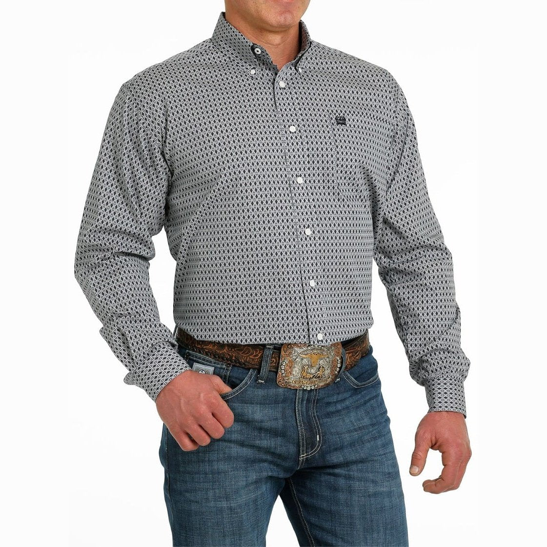 Cinch Men’s Shirt Casual Button-Down Geometric Grey Print