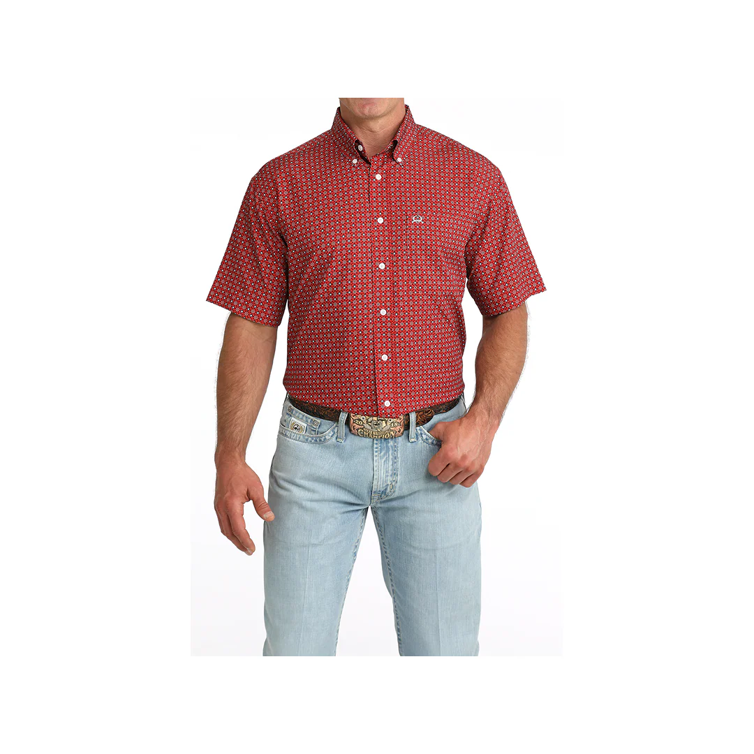 Cinch Men's Arenaflex Red Geometric Print Short Sleeve Button Down Western Shirt