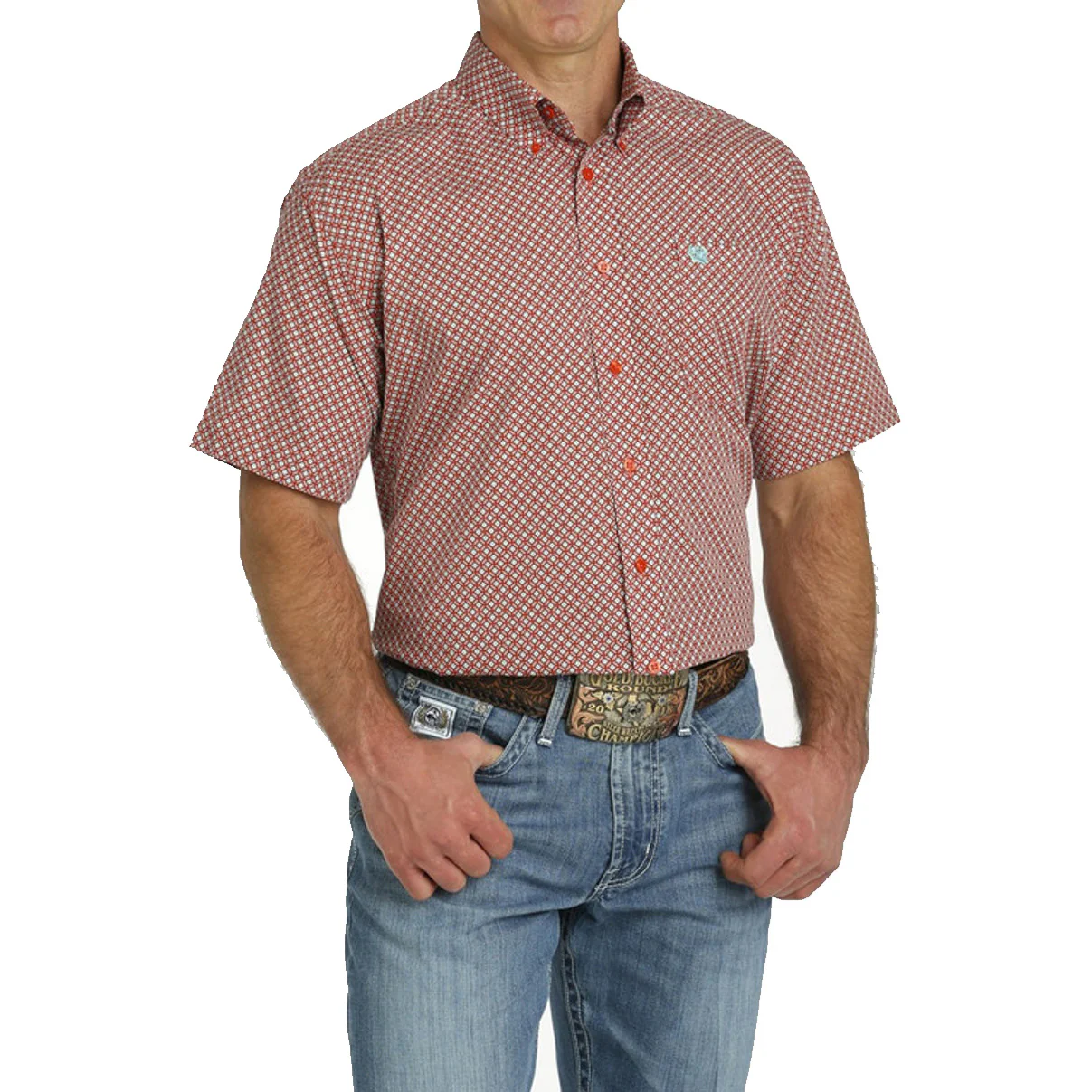 Cinch Men's Geometric Button Down Western Shirt Red/Turquoise - Image 3