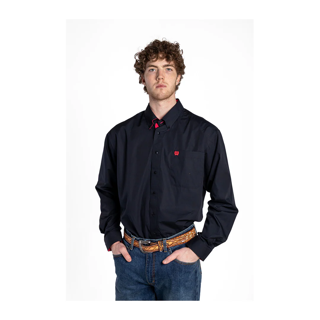 Cinch Men's Western Long Sleeve Button Down Shirt Solid Black With Pink Details
