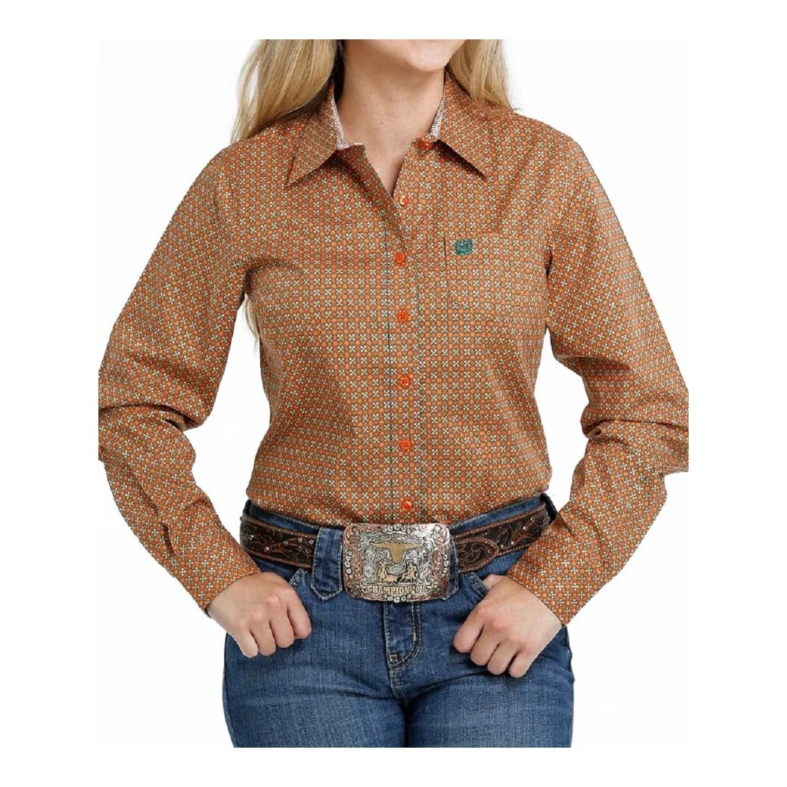 Cinch Women’s Western Button Up Shirt Orange Print