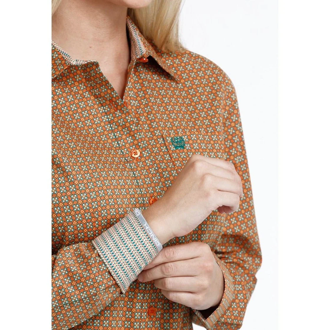 Cinch Women’s Western Button Up Shirt Orange Print - Image 3