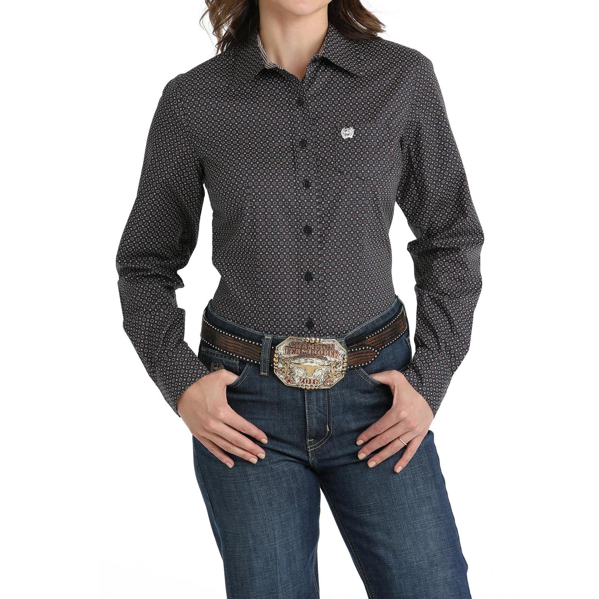Cinch Women's Geometric Print Button-Down Western Shirt Navy