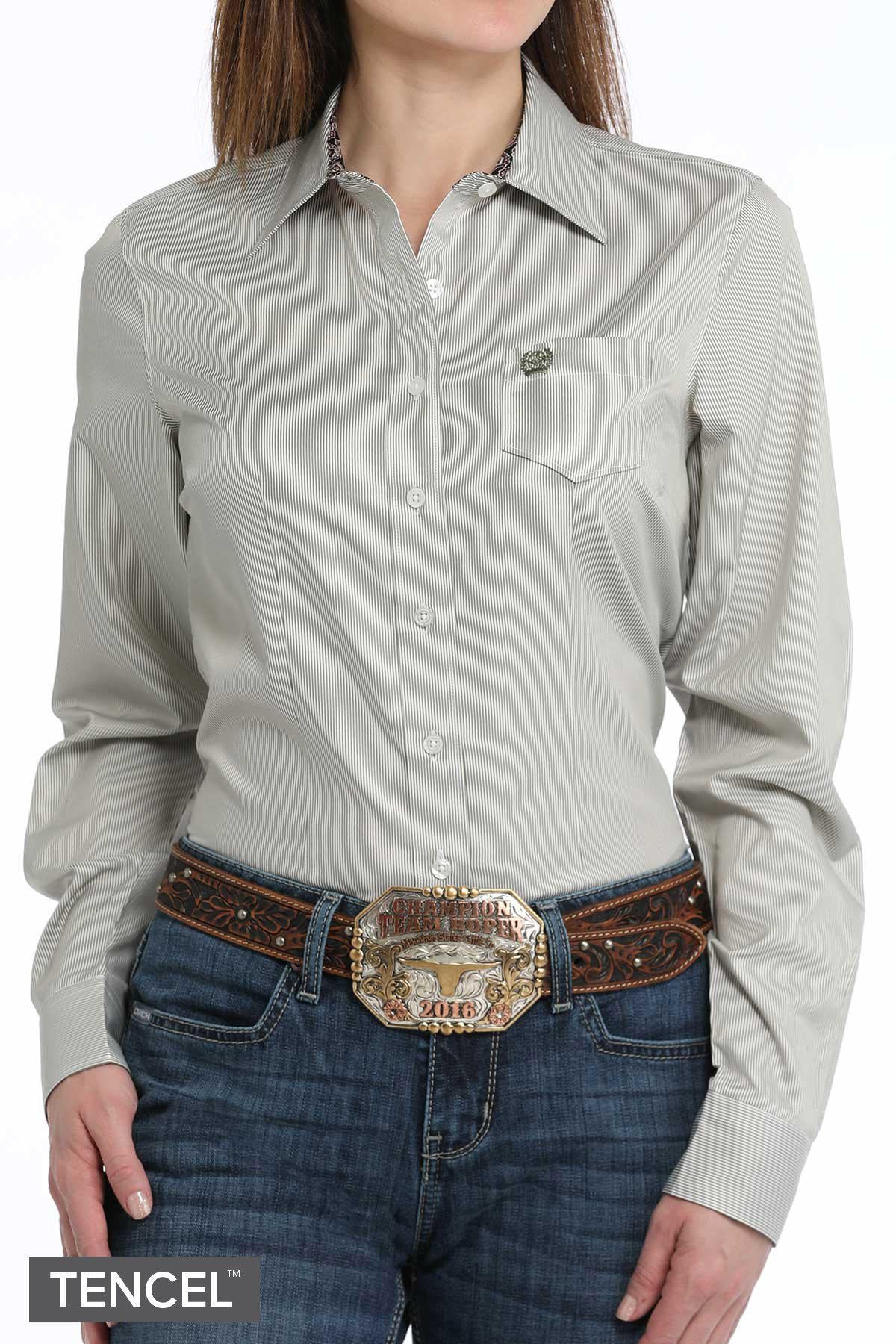 Cinch Women's Stripe Button Down in Olive/White