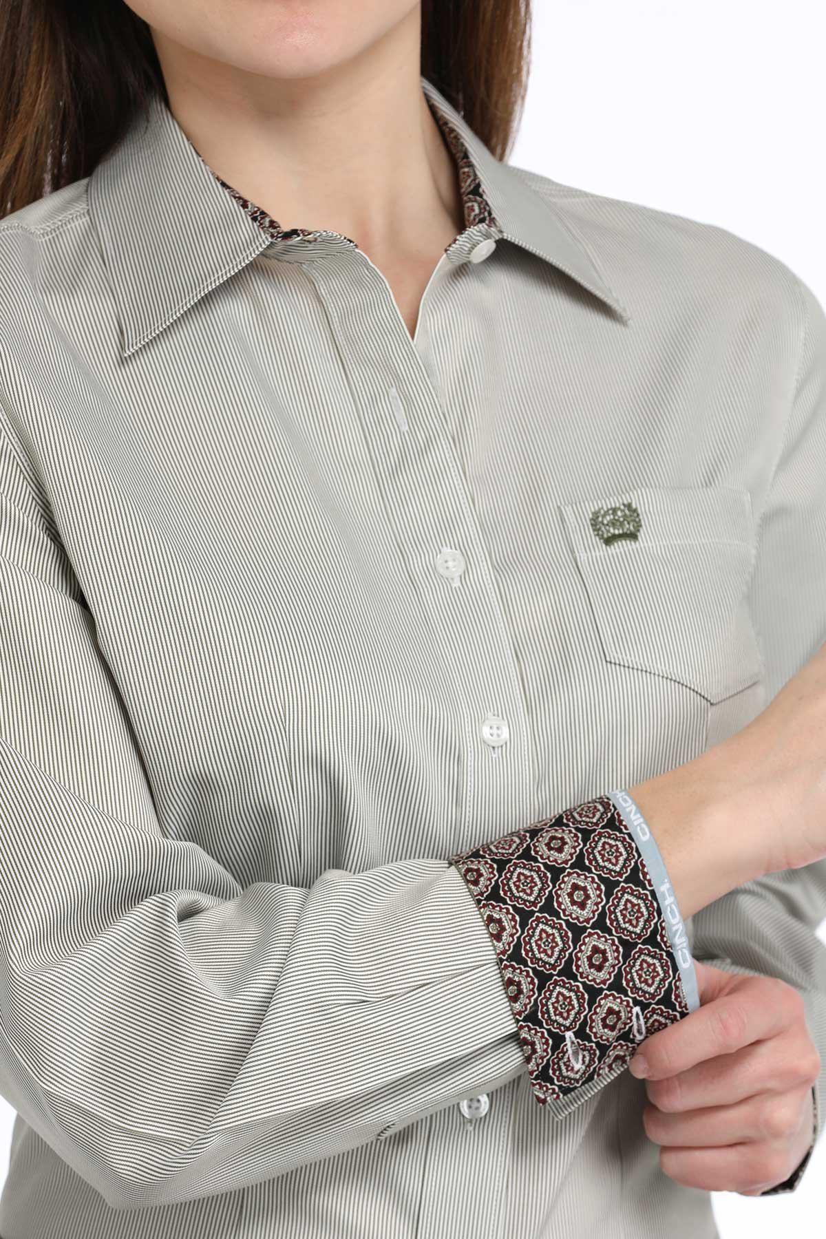 Cinch Women's Stripe Button Down in Olive/White - Image 2