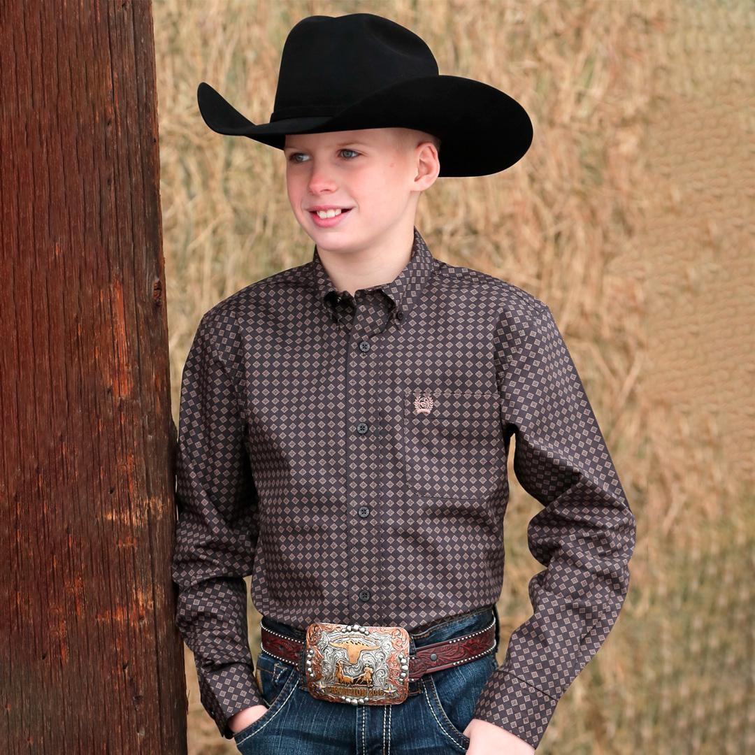 Cinch Youth Boy's Brown Checkered Print Button Down Shirt