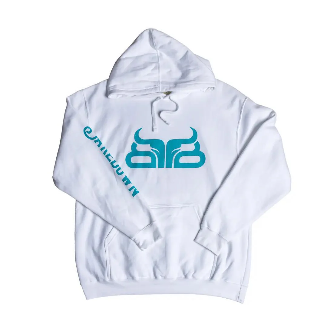 Baredown Brand Unisex Hoodie White/Teal Cow Poke - Image 4