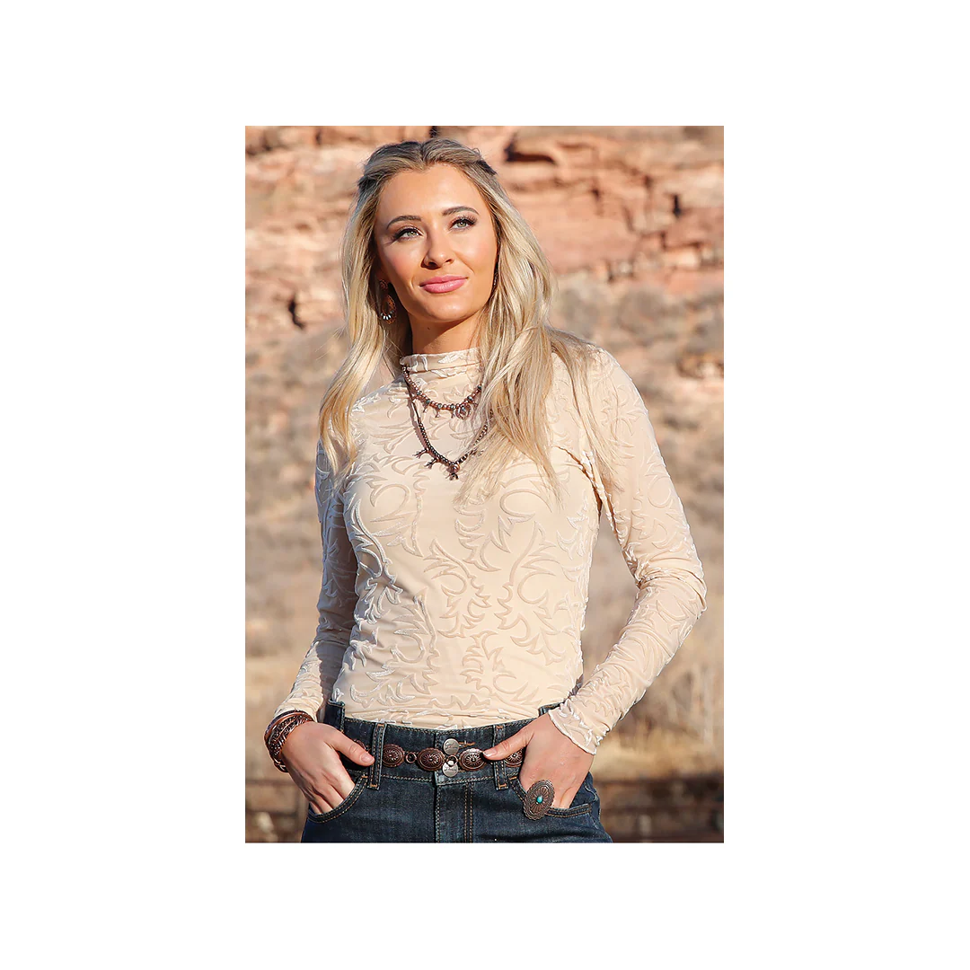 Cruel Denim Women’s Cream Burnout Velvet Long Sleeve Top