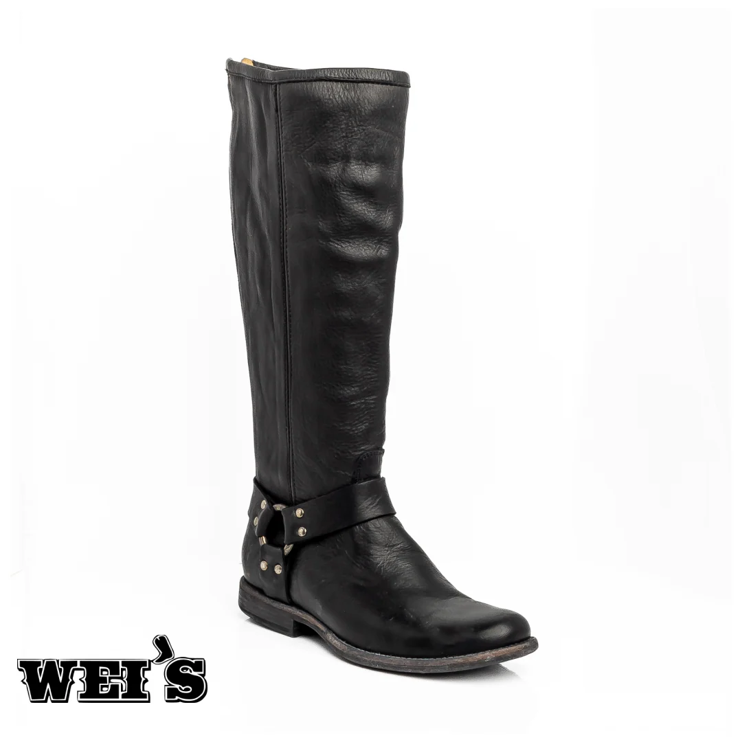 Frye Women's 15" Tall Zip-Up Harness Boots In Black Leather - Clearance