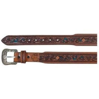 Hooey Men's Belt Leather Scroll Tooling Black Inlay Tapered End