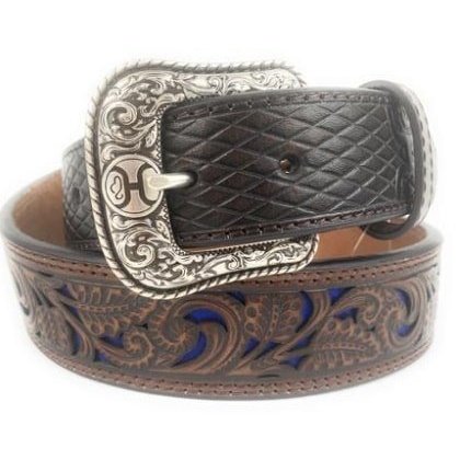Hooey Men's Belt Tooled Brown Leather With Blue Inlay 1914BE8