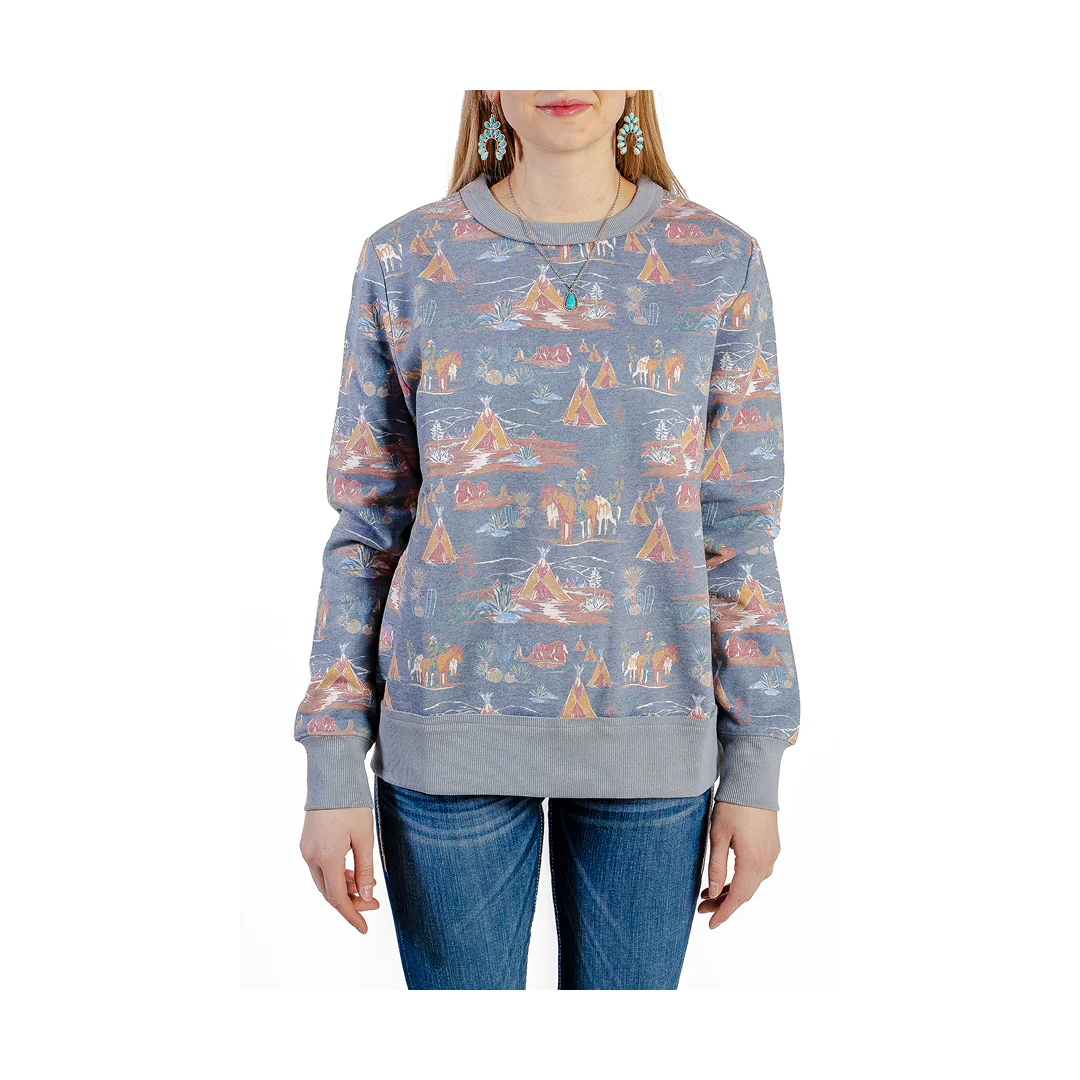 Hooey Women's "Stallion Crew" Blue with Stallion Pattern Logo Pullover - Image 2
