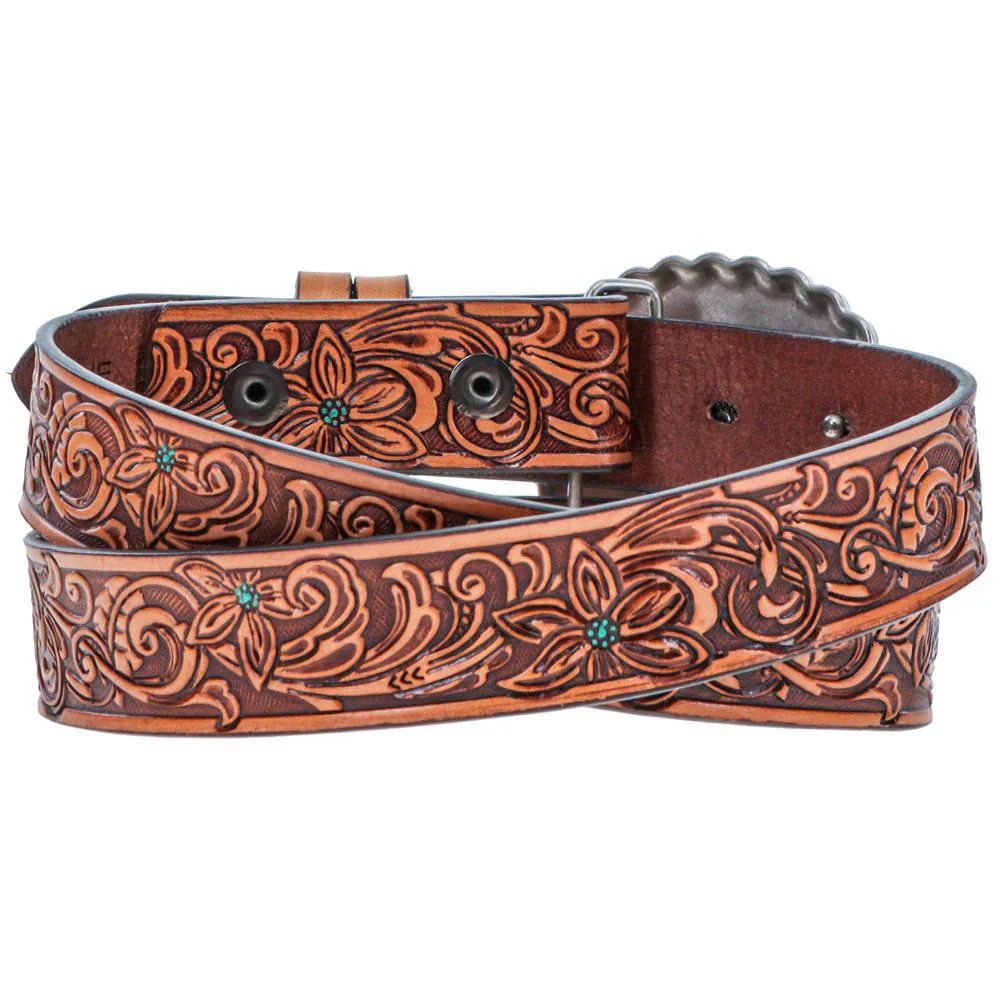 Hooey Youth Girls "Medina" Classic Hooey Belt Brown/Turquoise w/Turquoise Rodeo Buckle - Image 2