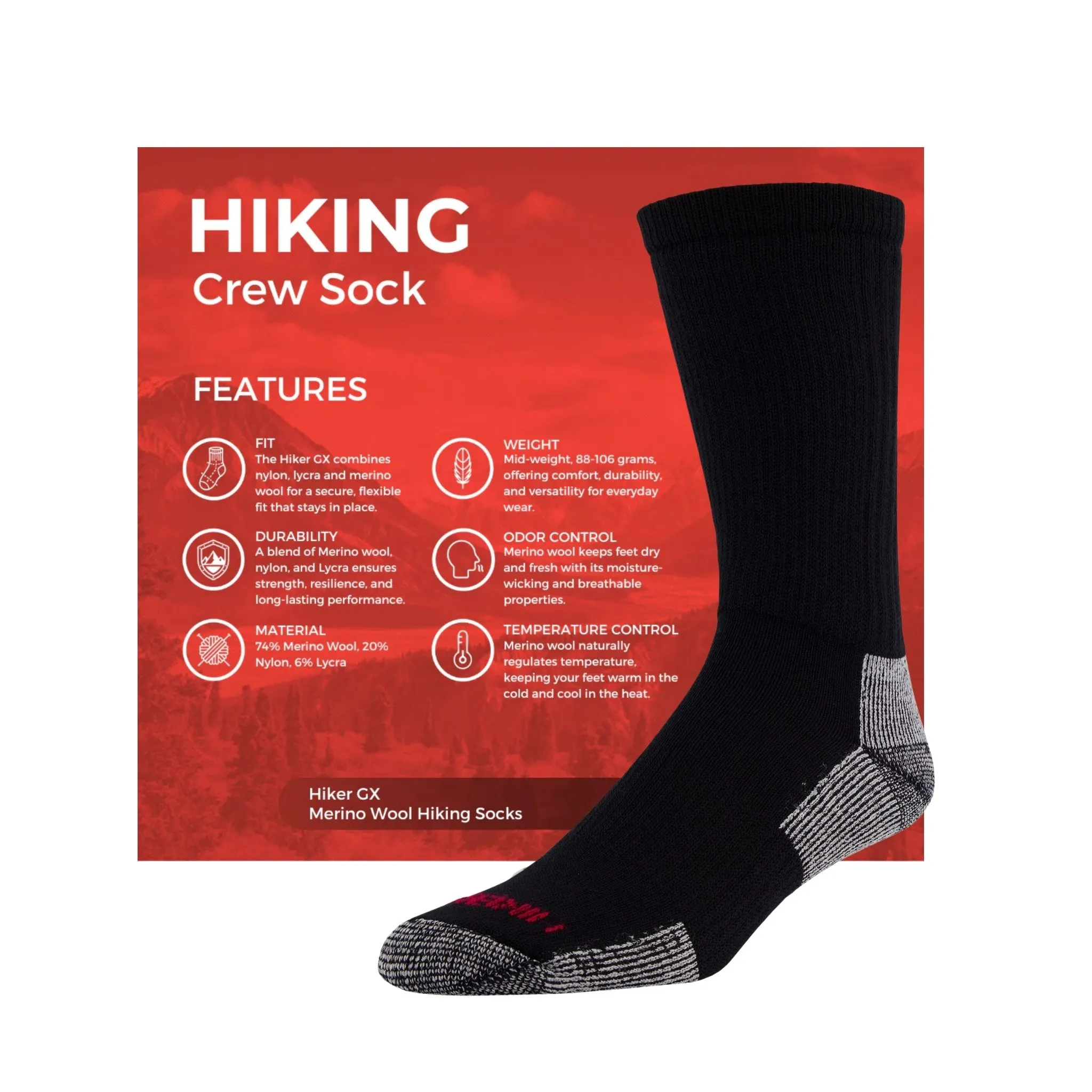 J.B. Field's Unisex Hiker GX 74% Merino Wool Hiking Crew Sock - Black/Grey - Image 2
