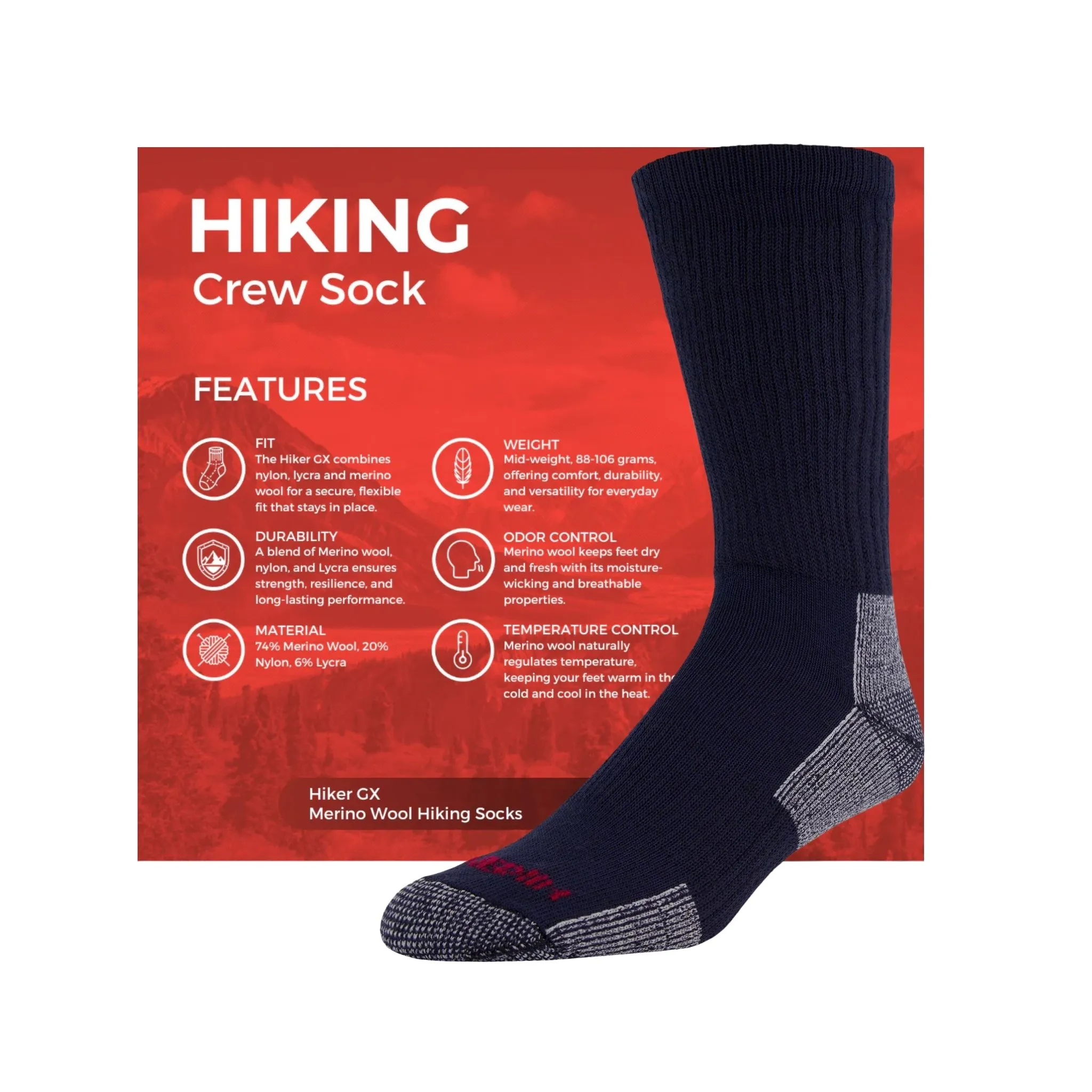 J.B. Field's Unisex Hiker GX 74% Merino Wool Hiking Crew Sock - Navy/Grey - Image 2