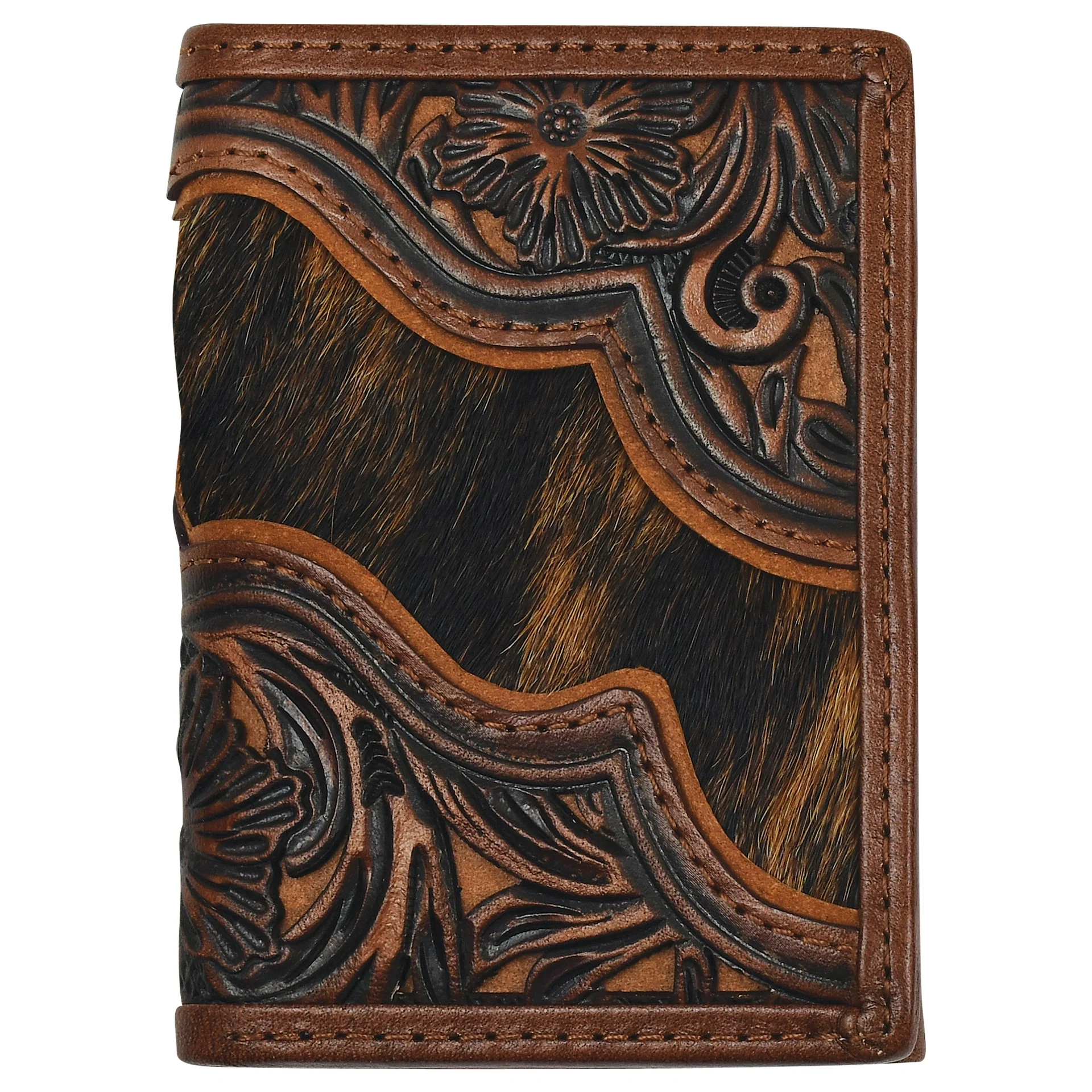 Justin Men's Genuine Leather Trifold Wallet With Floral Tooling And Cowhide
