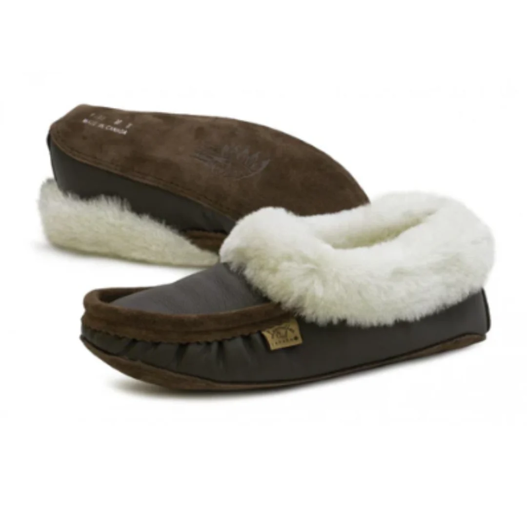 Laurentian Chief Men's Sheepskin Moccasin Slippers in Dark Brown - Image 2