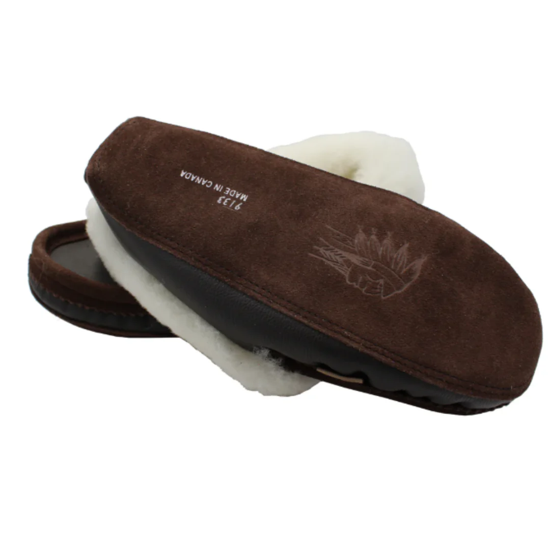 Laurentian Chief Men's Sheepskin Moccasin Slippers in Dark Brown - Image 3