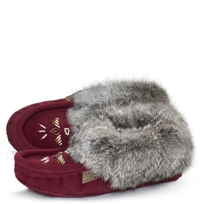 Laurentian Chief Women's Burgundy Moccasins with Fur Trim- Clearance