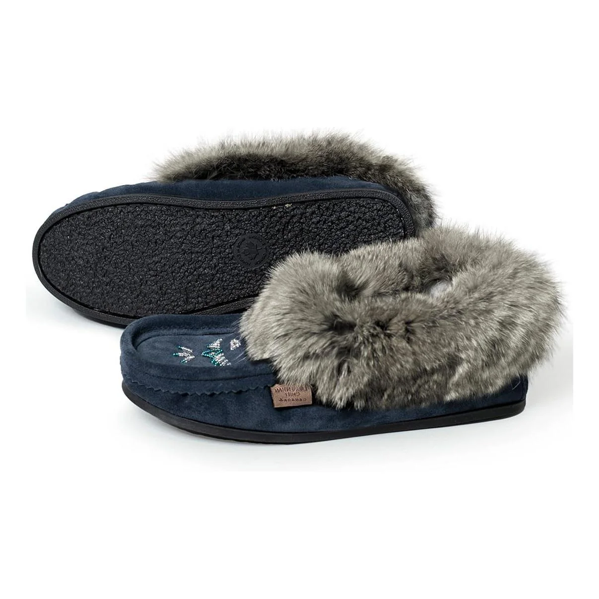 Laurentian Chief Women's Suede Slippers with Rabbit Fur Collar Crepe Sole - Image 4