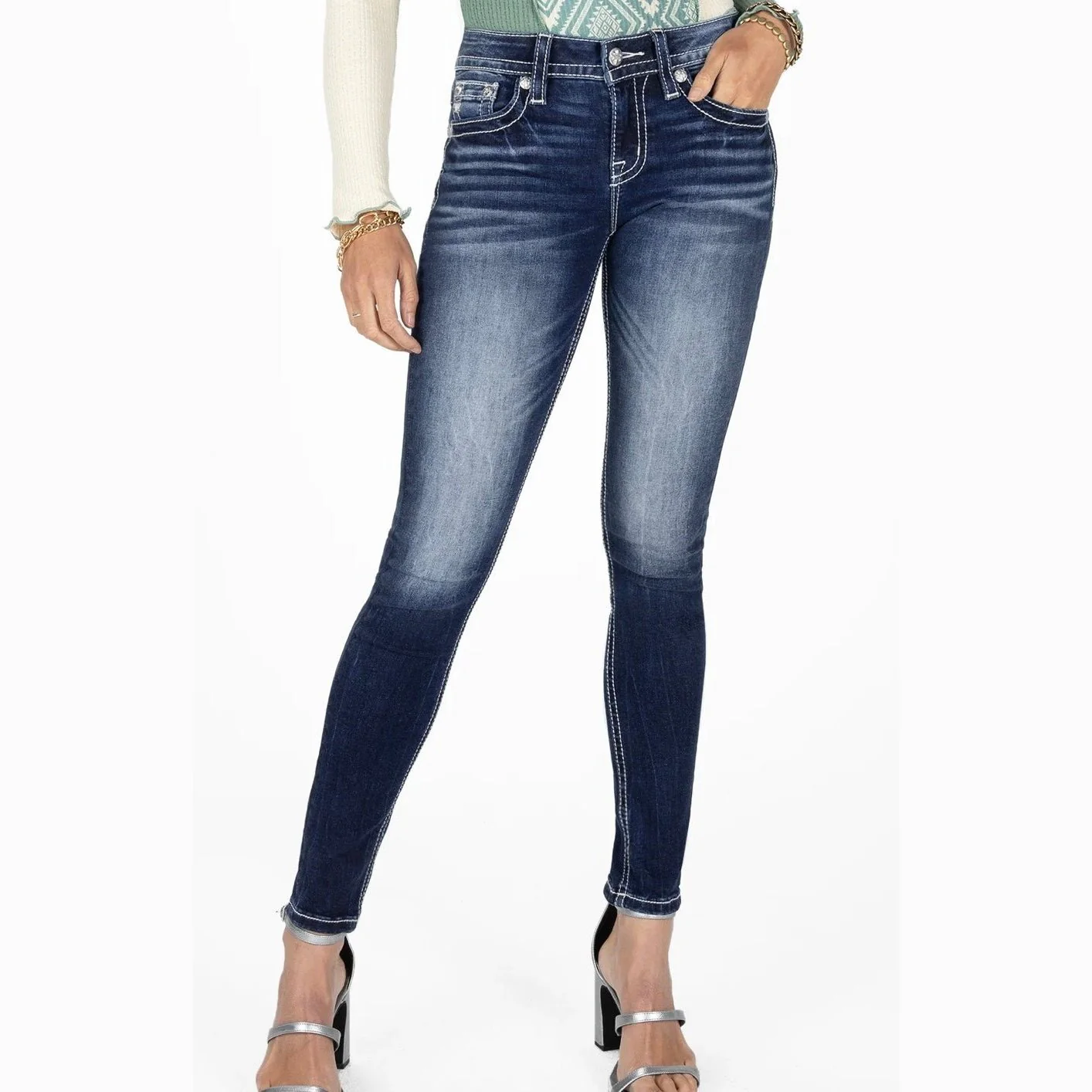 Miss Me Women’s Gold & White Cross Stitch Skinny Jeans M3444S97