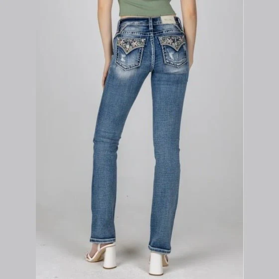 Miss Me Women’s Jeans Mid Rise Floral Distress Bootcut -CLEARANCE