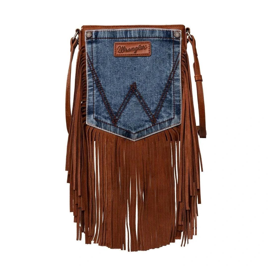 Montana West Wrangler Fringe Jean Denim Pocket Crossbody Bag
