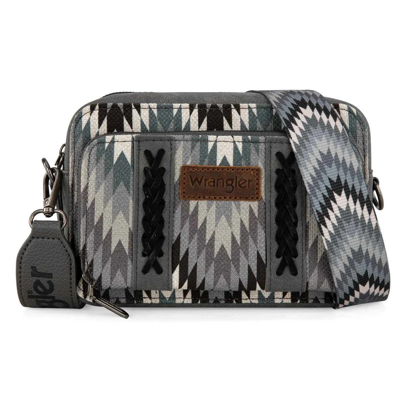 Montana West Wrangler Southwestern Pattern Dual Sided Print Crossbody Purse with Wallet Compartment - Grey