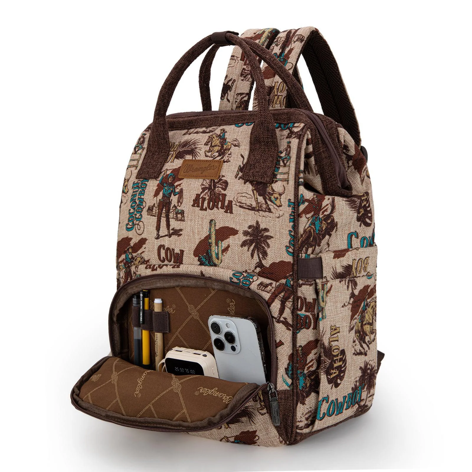 Montana West Wrangler Vintage Retro Cowboy Cool Print Backpack Tan - Image 2