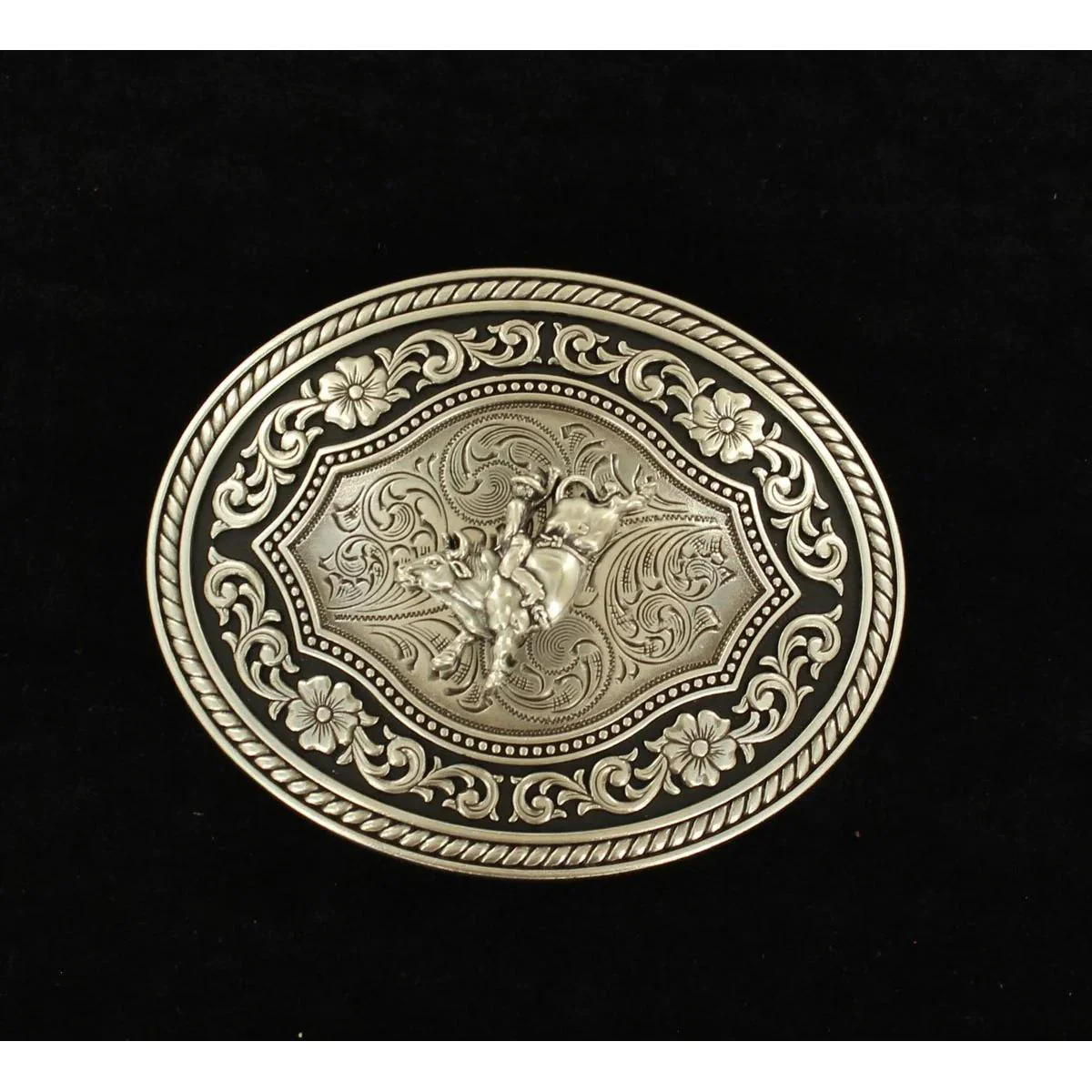 Nocona Men's Oval Scrolled Bull Rider Buckle - Antique Silver/Black