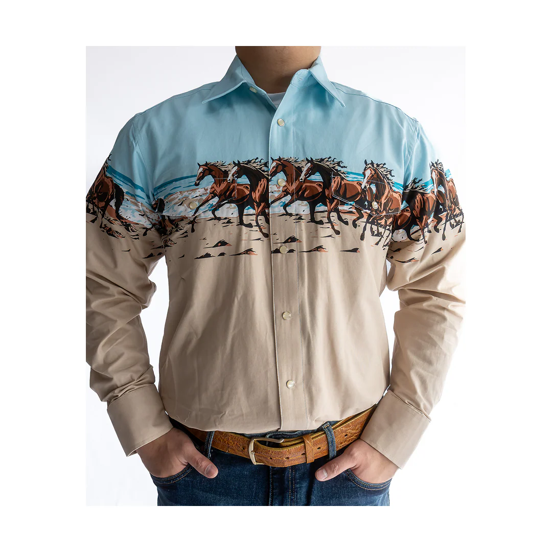 Panhandle Slim Men's Horses And Beach Border Long Sleeve Shirt
