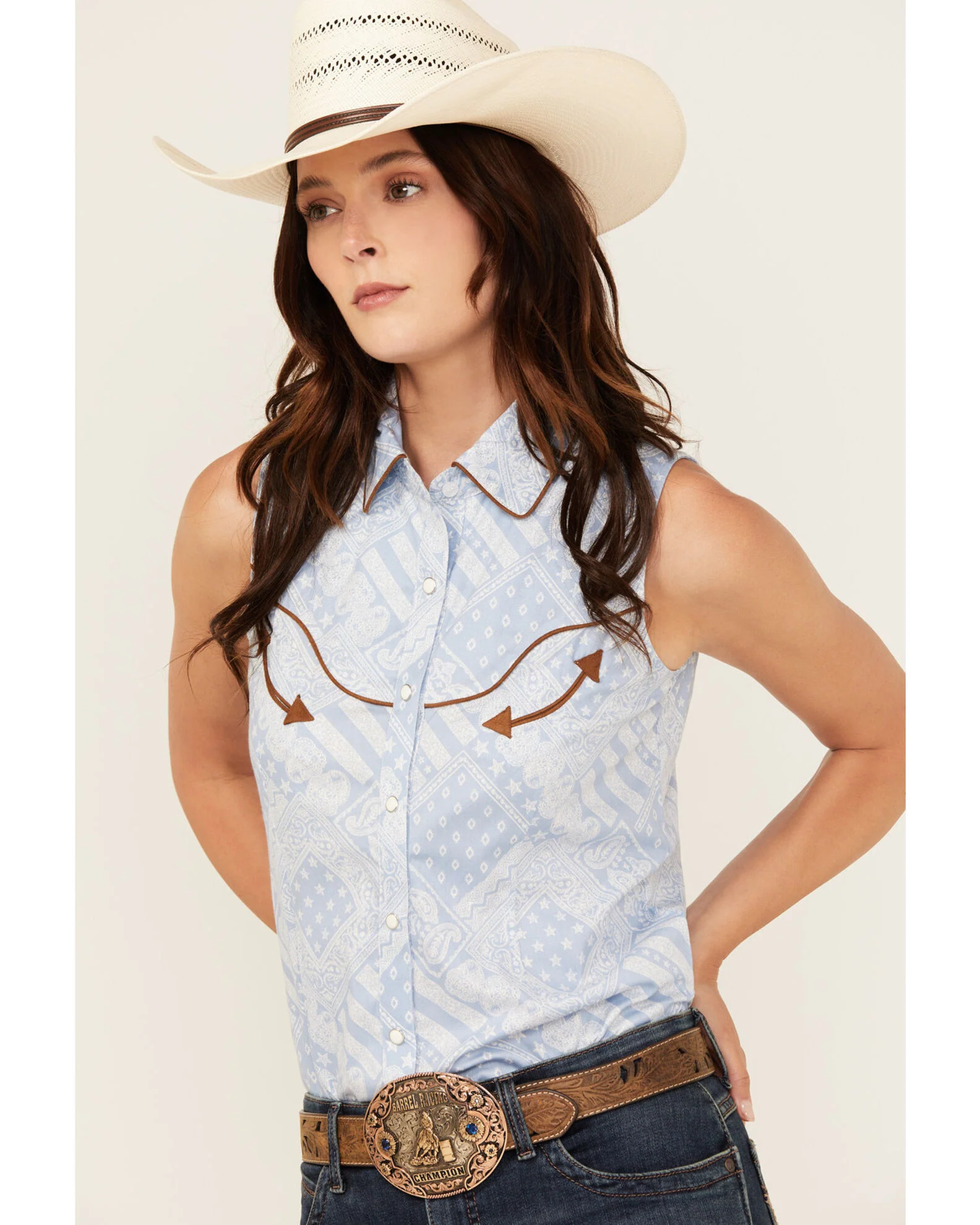 Panhandle Women’s Top Sleeveless Chambray Print Snaps - Image 3