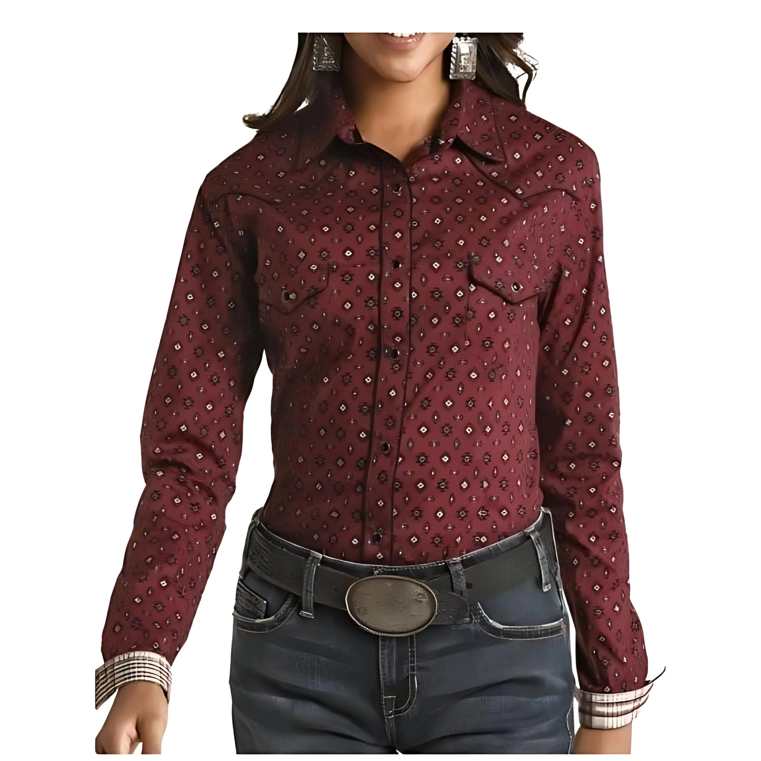 Panhandle Women’s Shirt Long Sleeve Snap Maroon Aztec - Image 11