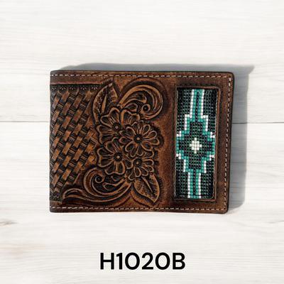Ranger Belt Company Tooled Leather Wallet With Beaded Green Accents