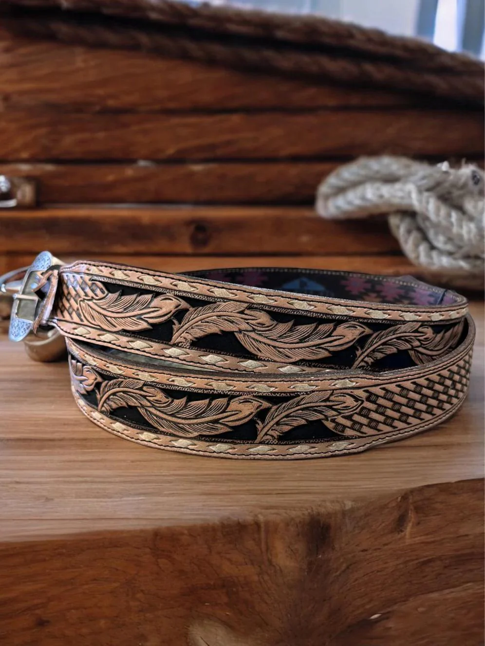 Red Dirt Hat Co. Men’s Genuine Leather w/Feather Motif Tapered Belt - Image 2