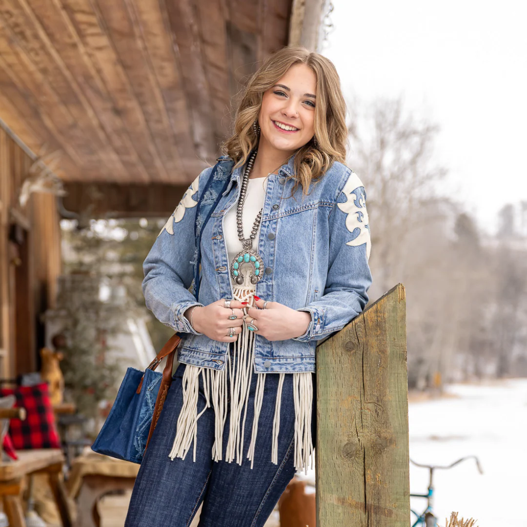 Rock&Roll Women's Light Wash Denim Ivory Pleather Fringe Jacket